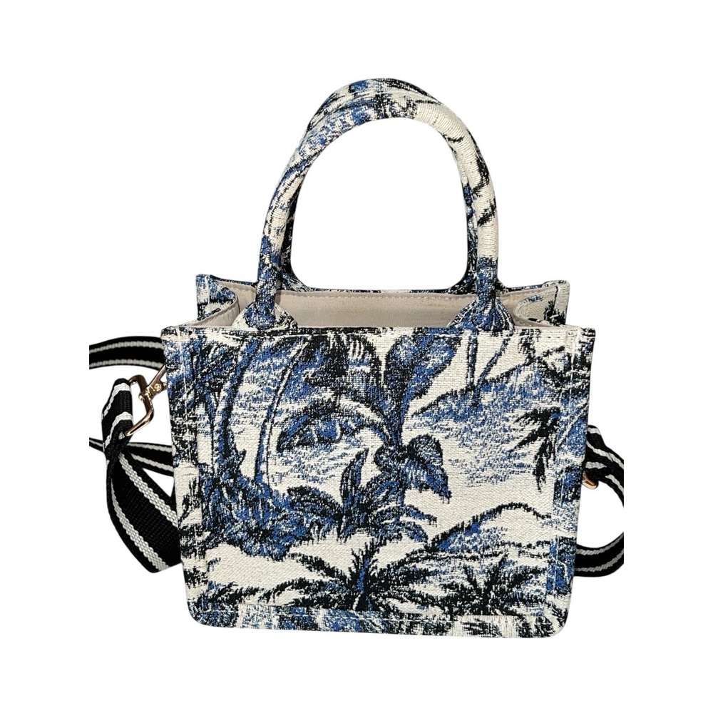 H&M Mini Tote Jacquard Tote Palm Tree Leaf Tropical Bag Crossbody Strap Blue EUC - Picture 4 of 11